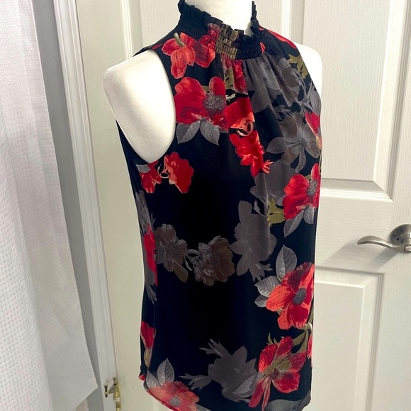 Elegant Sleeveless Black Floral Blouse Lined Ruched High Neck Back Zipper Sz XS - Picture 6 of 11